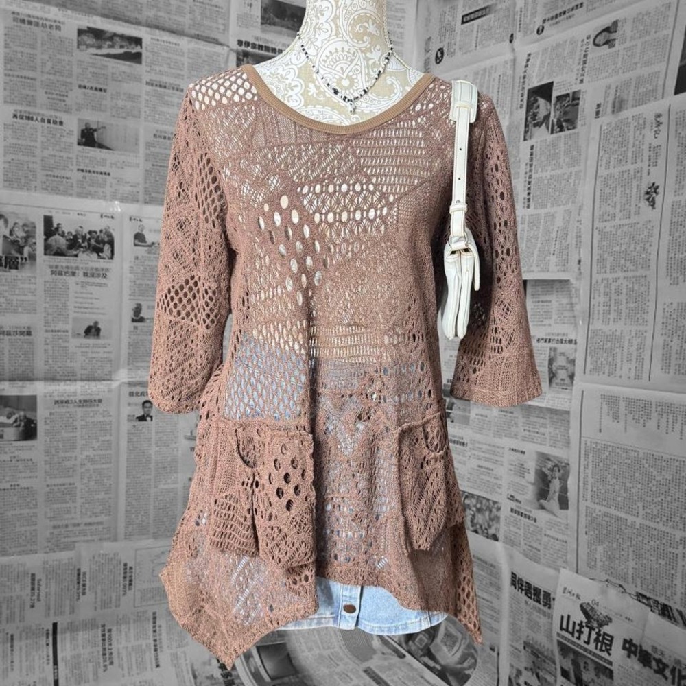 Firmianalily Brown Boho Crochet Knit Tunic Top Asymmetric Hem Festival L